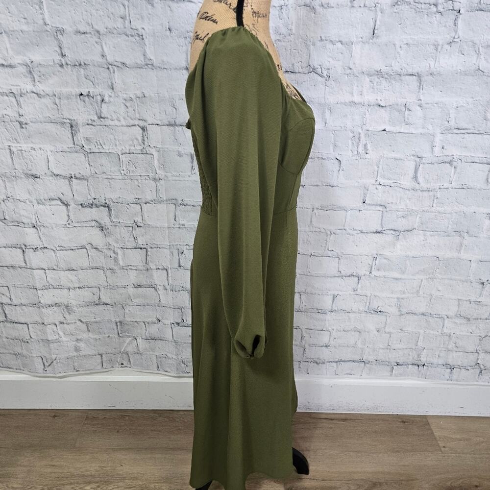 F21 midi dress Sz M green long sleeve side slip A42 - Picture 3 of 4